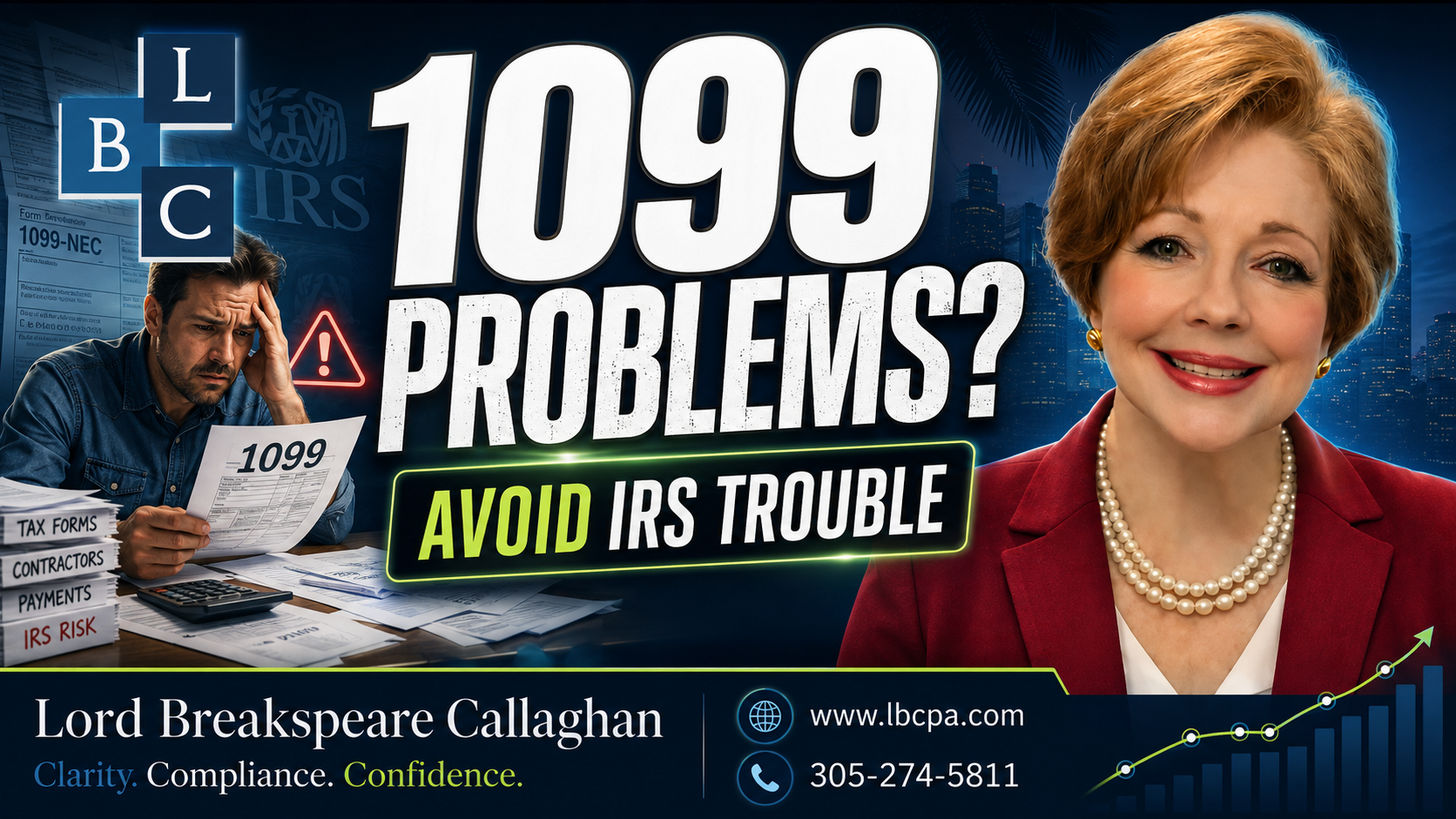 Are your vendor records ready for 1099 filing? When vendor information is incomplete, missing tax forms, incorrect names, or wrong identification numbers can delay filing and create unnecessary compliance problems. A disorganized 1099 process can lead to penalties, corrections, and last-minute stress. At Lord Breakspeare Callaghan, we help business owners organize vendor records, review 1099 information, and prepare cleaner tax-ready financial information. Do not wait until the problem becomes expensive. Call Lord Breakspeare Callaghan at 305-274-58-11 or visit www.lbcpa.com. Clarity. Compliance. Confidence.