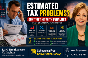 Are you underpaying estimated taxes without realizing it? When estimated tax payments are too low, your business may face penalties, interest, and unexpected tax bills at the worst possible time. Many business owners do not notice the problem until cash flow is already under pressure. At Lord Breakspeare Callaghan, we help business owners review their numbers, plan ahead, and prepare cleaner tax-ready financial information. Do not wait until the problem becomes expensive. Call Lord Breakspeare Callaghan at 305-274-58-11 or visit www.lbcpa.com. Clarity. Compliance. Confidence.