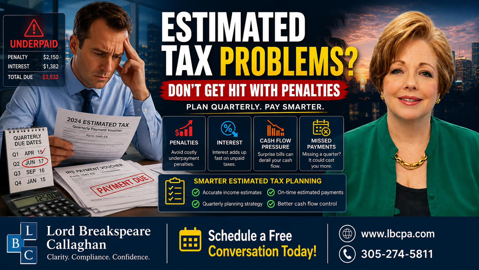 Are you underpaying estimated taxes without realizing it? When estimated tax payments are too low, your business may face penalties, interest, and unexpected tax bills at the worst possible time. Many business owners do not notice the problem until cash flow is already under pressure. At Lord Breakspeare Callaghan, we help business owners review their numbers, plan ahead, and prepare cleaner tax-ready financial information. Do not wait until the problem becomes expensive. Call Lord Breakspeare Callaghan at 305-274-58-11 or visit www.lbcpa.com. Clarity. Compliance. Confidence.
