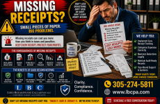Could missing receipts be costing your business valuable deductions? Every undocumented expense can create confusion, reduce tax savings, or become a problem if your records are ever questioned. A small receipt problem can become a big compliance issue, especially when your business needs clean records at tax time. At Lord Breakspeare Callaghan, we help business owners keep better records, organize expenses, and prepare cleaner financial information. Do not wait until the problem becomes expensive. Call Lord Breakspeare Callaghan at 305-274-5811 or visit www.lbcpa.com. Clarity. Compliance. Confidence.