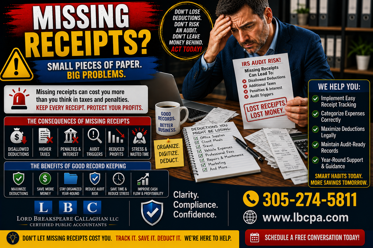 Could missing receipts be costing your business valuable deductions? Every undocumented expense can create confusion, reduce tax savings, or become a problem if your records are ever questioned. A small receipt problem can become a big compliance issue, especially when your business needs clean records at tax time. At Lord Breakspeare Callaghan, we help business owners keep better records, organize expenses, and prepare cleaner financial information. Do not wait until the problem becomes expensive. Call Lord Breakspeare Callaghan at 305-274-5811 or visit www.lbcpa.com. Clarity. Compliance. Confidence.