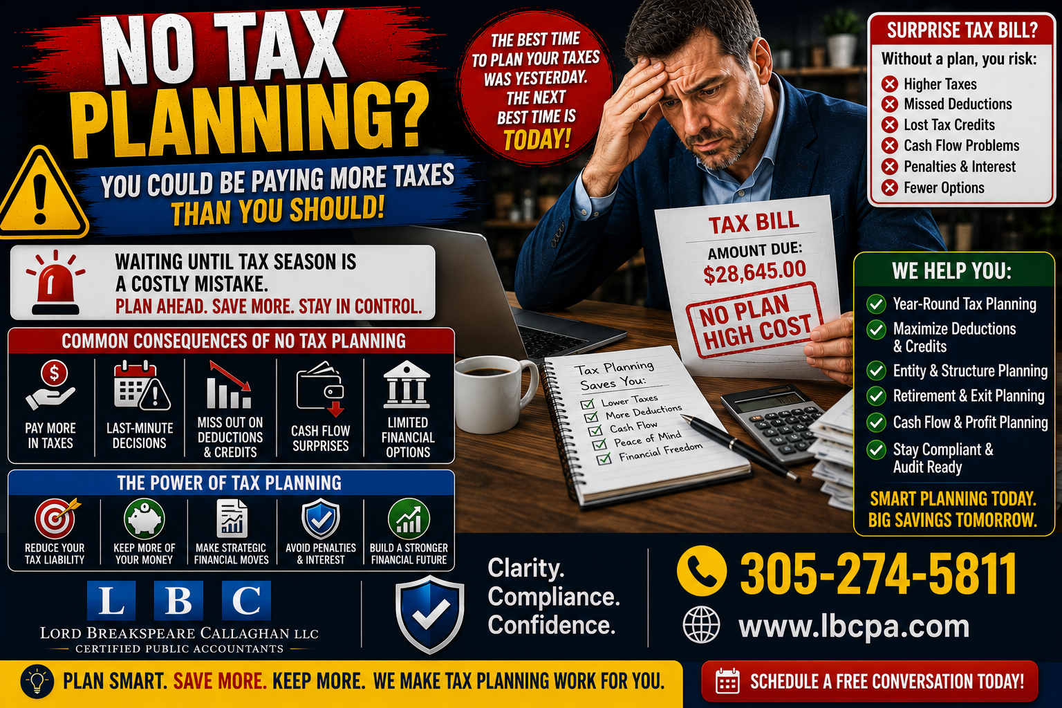 Is your business missing tax-saving opportunities because planning starts too late? When tax planning begins only at year-end, many opportunities may already be limited or lost. Business owners can face higher tax bills, rushed decisions, and avoidable surprises simply because the numbers were not reviewed early enough. At Lord Breakspeare Callaghan, we help business owners plan ahead, review their financial information, and prepare cleaner tax-ready records. Do not wait until the problem becomes expensive. Call Lord Breakspeare Callaghan at 305-274-58-11 or visit www.lbcpa.com. Clarity. Compliance. Confidence.