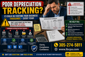 Are business assets and depreciation being tracked properly? When equipment, vehicles, furniture, or other business assets are not recorded correctly, your financial reports may not reflect the true value of your business. Depreciation errors can also affect tax planning, profit reporting, and long-term financial decisions. At Lord Breakspeare Callaghan, we help business owners track assets, review depreciation records, and prepare cleaner financial information. Do not wait until the problem becomes expensive. Call Lord Breakspeare Callaghan at 305-274-58-11 or visit www.lbcpa.com. Clarity. Compliance. Confidence.