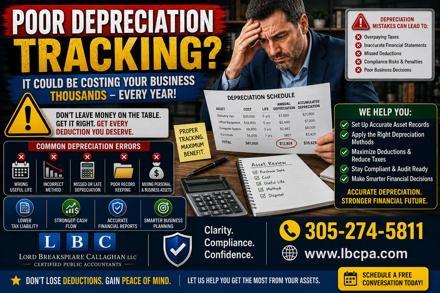 Are business assets and depreciation being tracked properly? When equipment, vehicles, furniture, or other business assets are not recorded correctly, your financial reports may not reflect the true value of your business. Depreciation errors can also affect tax planning, profit reporting, and long-term financial decisions. At Lord Breakspeare Callaghan, we help business owners track assets, review depreciation records, and prepare cleaner financial information. Do not wait until the problem becomes expensive. Call Lord Breakspeare Callaghan at 305-274-58-11 or visit www.lbcpa.com. Clarity. Compliance. Confidence.
