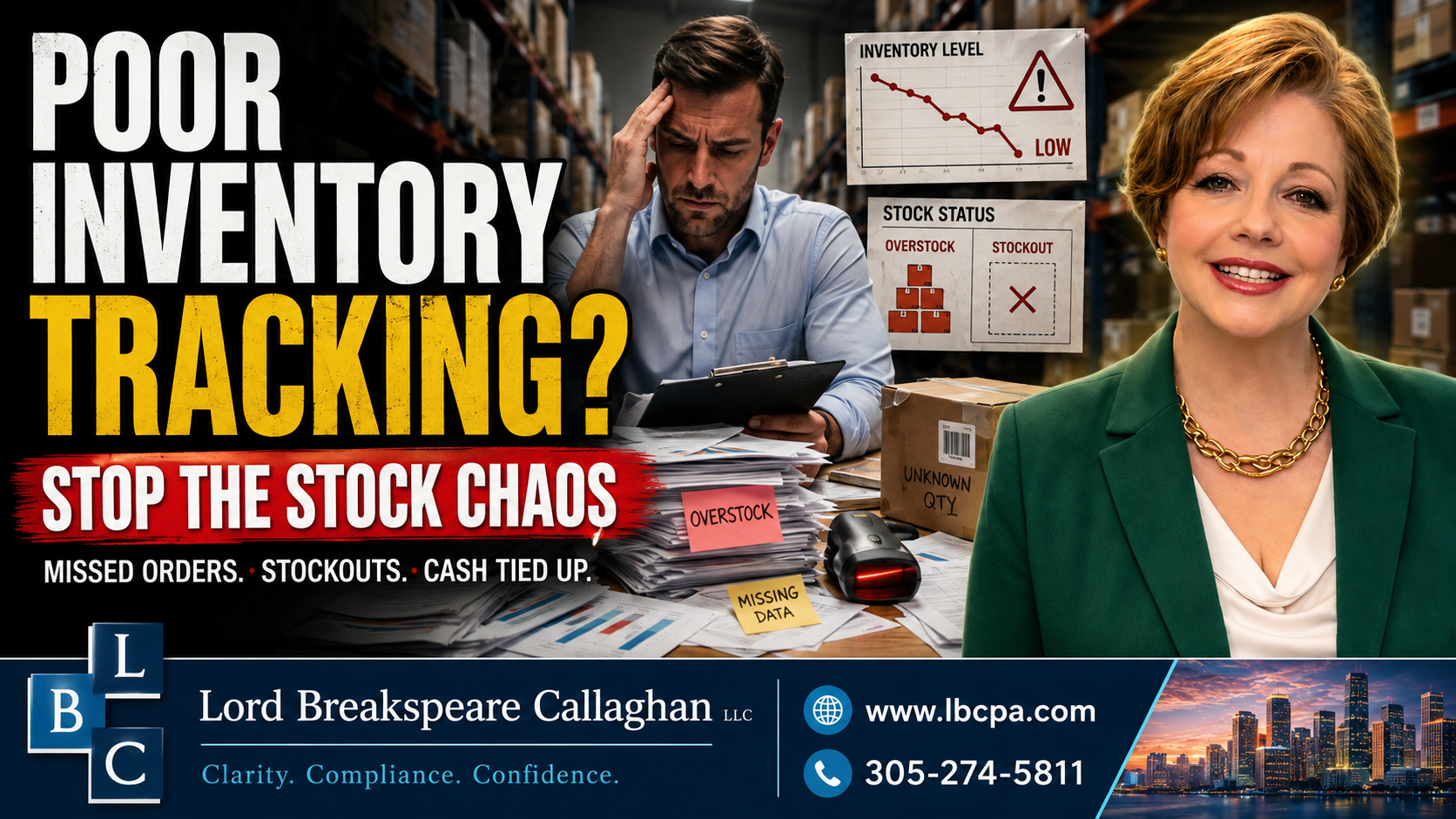Is poor inventory tracking affecting your profit margins? When inventory is not tracked correctly, your business may not know what is selling, what is missing, or what is costing too much. Poor inventory records can lead to inaccurate profit reports, cash flow problems, and pricing decisions based on incomplete information. At Lord Breakspeare Callaghan, we help business owners review inventory records, organize their accounting, and prepare cleaner financial information. Do not wait until the problem becomes expensive. Call Lord Breakspeare Callaghan at 305-274-58-11 or visit www.lbcpa.com. Clarity. Compliance. Confidence.