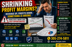 Are your sales increasing while your profit keeps shrinking? When revenue grows but profit declines, hidden costs, weak pricing, payroll pressure, inventory issues, or rising overhead may be quietly reducing your margins. More sales do not always mean a healthier business if the numbers are not being reviewed carefully. At Lord Breakspeare Callaghan, we help business owners review profitability, understand their margins, and prepare cleaner financial information. Do not wait until the problem becomes expensive. Call Lord Breakspeare Callaghan at 305-274-58-11 or visit www.lbcpa.com. Clarity. Compliance. Confidence.