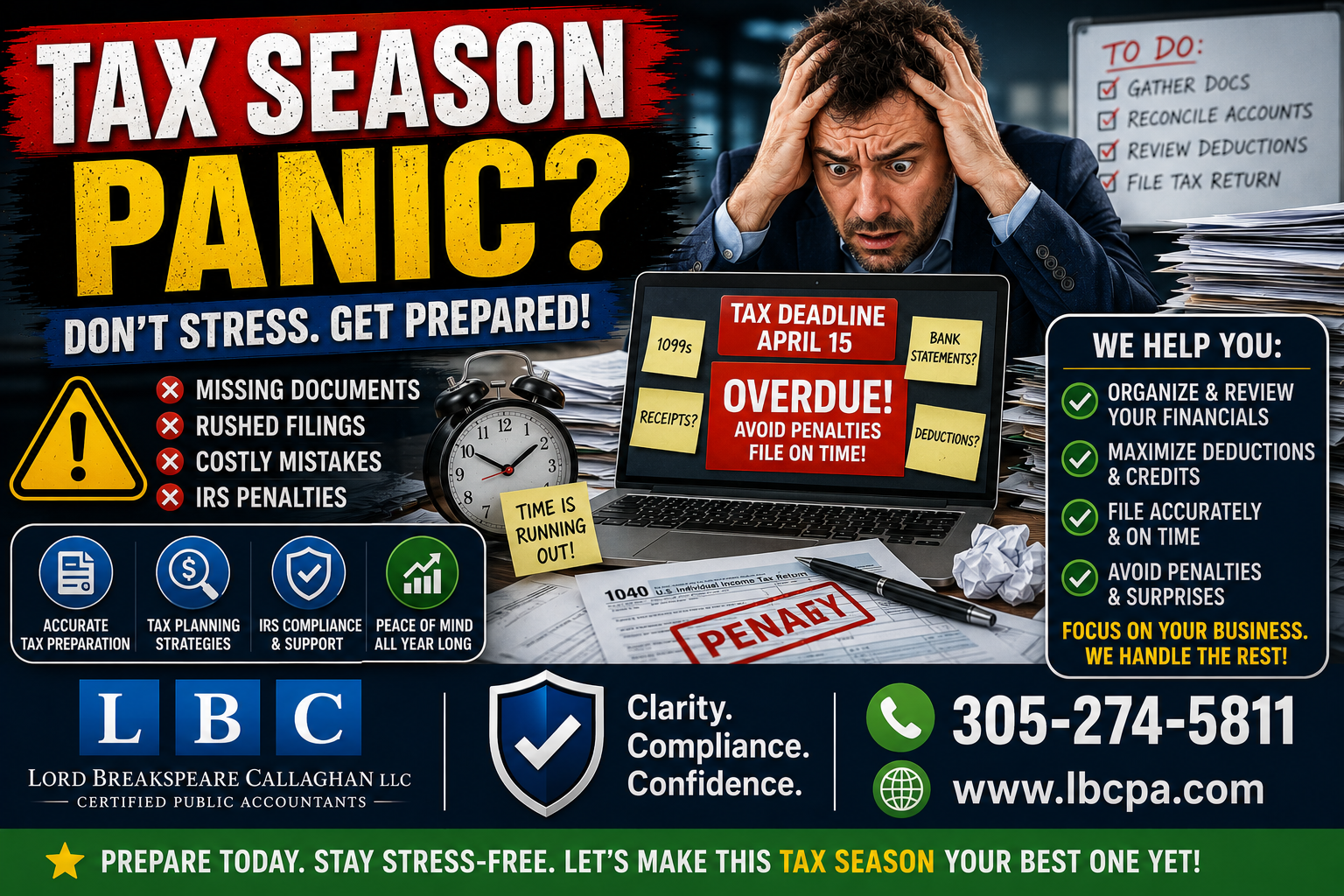Are you waiting until tax season to find out how your business really performed? When financial records are reviewed only once a year, business owners may discover problems too late. Missing expenses, inaccurate reports, unexpected tax bills, and cash flow issues can become more difficult to correct when too much time has passed. At Lord Breakspeare Callaghan, we help business owners stay organized throughout the year, review their numbers, and prepare cleaner financial information. Do not wait until the problem becomes expensive. Call Lord Breakspeare Callaghan at 305-274-58-11 or visit www.lbcpa.com. Clarity. Compliance. Confidence.