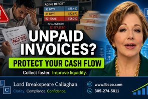 Are unpaid invoices quietly hurting your cash flow? When customers do not pay on time, your business may struggle to cover payroll, vendor bills, taxes, and everyday expenses. Unpaid invoices can make a profitable business feel financially stressed and create pressure that could have been avoided with better tracking. At Lord Breakspeare Callaghan, we help business owners monitor receivables, organize their records, and prepare cleaner financial information. Do not wait until the problem becomes expensive. Call Lord Breakspeare Callaghan at 305-274-58-11 or visit www.lbcpa.com. Clarity. Compliance. Confidence.