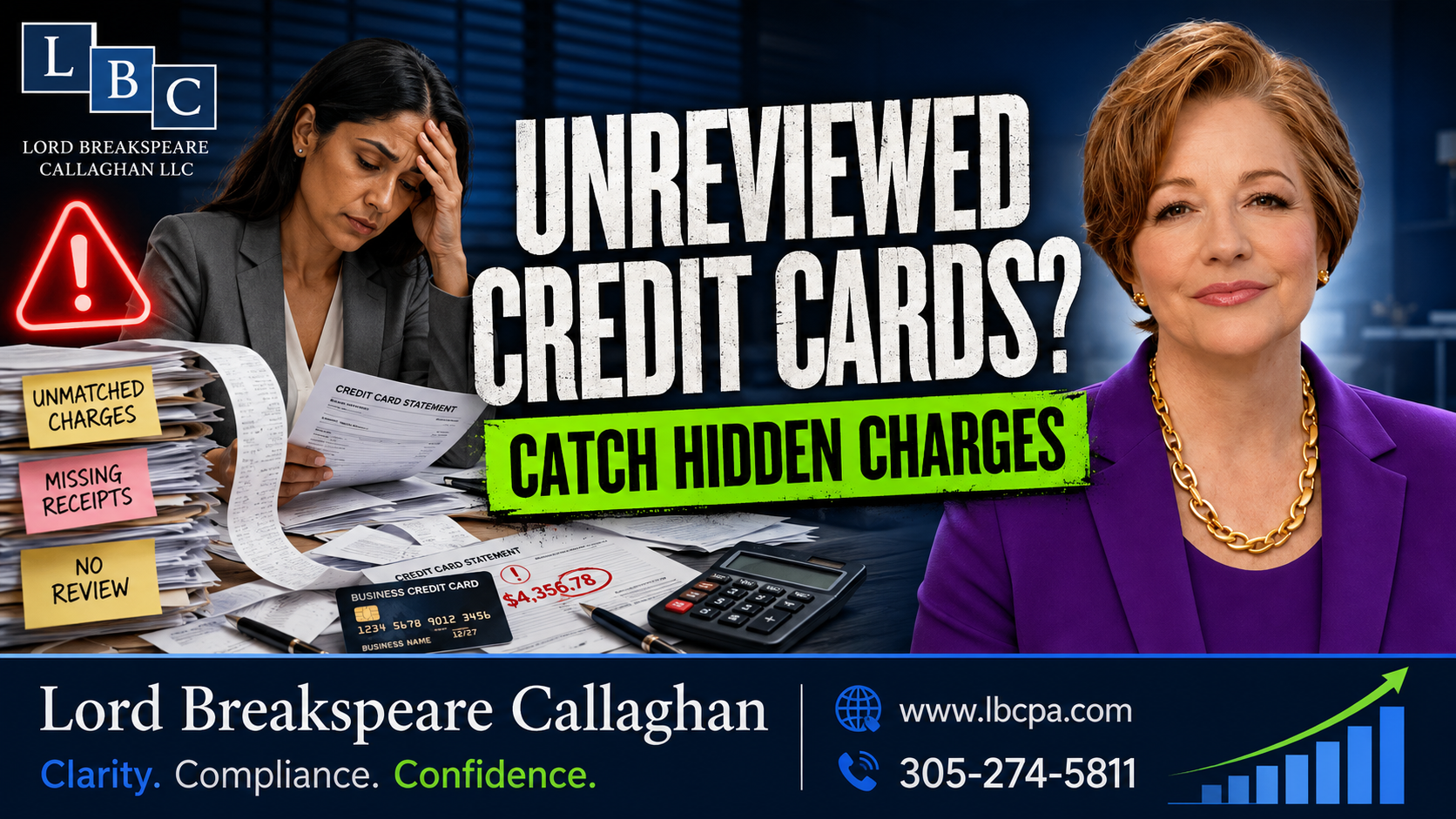 Are business credit card charges being reviewed every month? When credit card activity is not reviewed regularly, unauthorized charges, duplicate payments, personal expenses, or incorrect categories can slip into your books. These mistakes can distort your financial reports, reduce tax accuracy, and create compliance problems. At Lord Breakspeare Callaghan, we help business owners review credit card transactions, organize expenses, and prepare cleaner financial information. Do not wait until the problem becomes expensive. Call Lord Breakspeare Callaghan at 305-274-58-11 or visit www.lbcpa.com. Clarity. Compliance. Confidence.