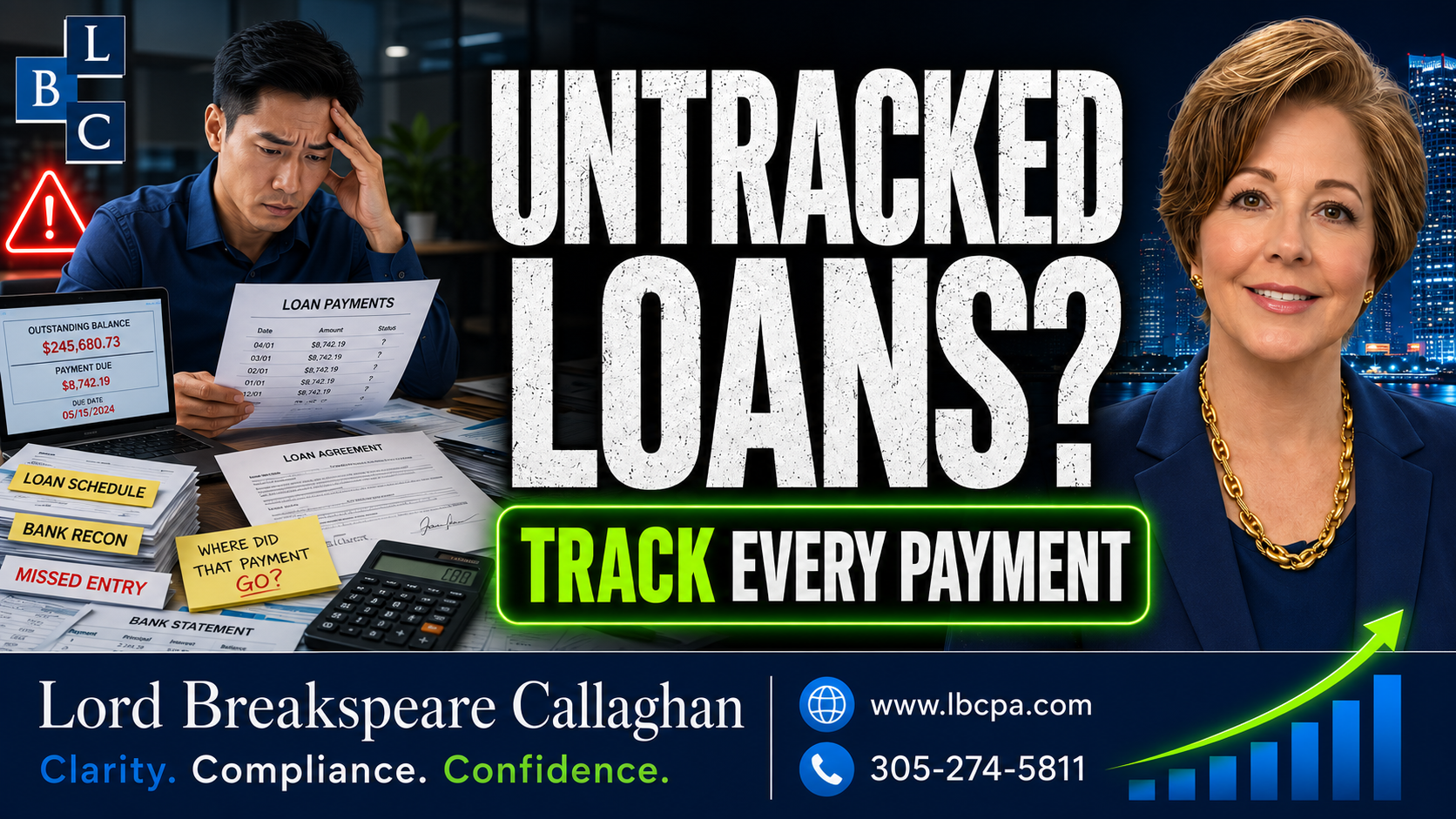 Are loan payments being recorded correctly in your books? When loan payments are not recorded properly, principal, interest, and fees can be placed in the wrong categories. This can distort your expenses, make liabilities look inaccurate, and create confusion when reviewing cash flow or preparing tax-ready financial information. At Lord Breakspeare Callaghan, we help business owners review loan activity, organize financial records, and prepare cleaner financial information. Do not wait until the problem becomes expensive. Call Lord Breakspeare Callaghan at 305-274-58-11 or visit www.lbcpa.com. Clarity. Compliance. Confidence.