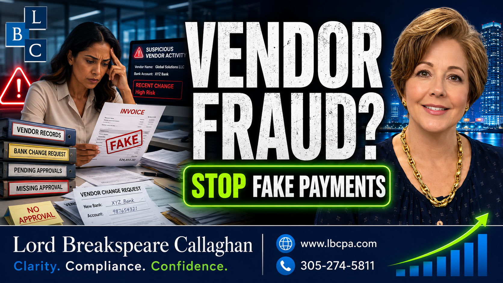 Are vendor payments being reviewed carefully before money leaves the business? When vendor payments are approved without proper review, your business may pay incorrect invoices, duplicate charges, unauthorized expenses, or even fraudulent bills. A weak payment process can quietly drain cash and create unreliable financial records. At Lord Breakspeare Callaghan, we help business owners review vendor payments, strengthen accounting controls, and prepare cleaner financial information. Do not wait until the problem becomes expensive. Call Lord Breakspeare Callaghan at 305-274-58-11 or visit www.lbcpa.com. Clarity. Compliance. Confidence.